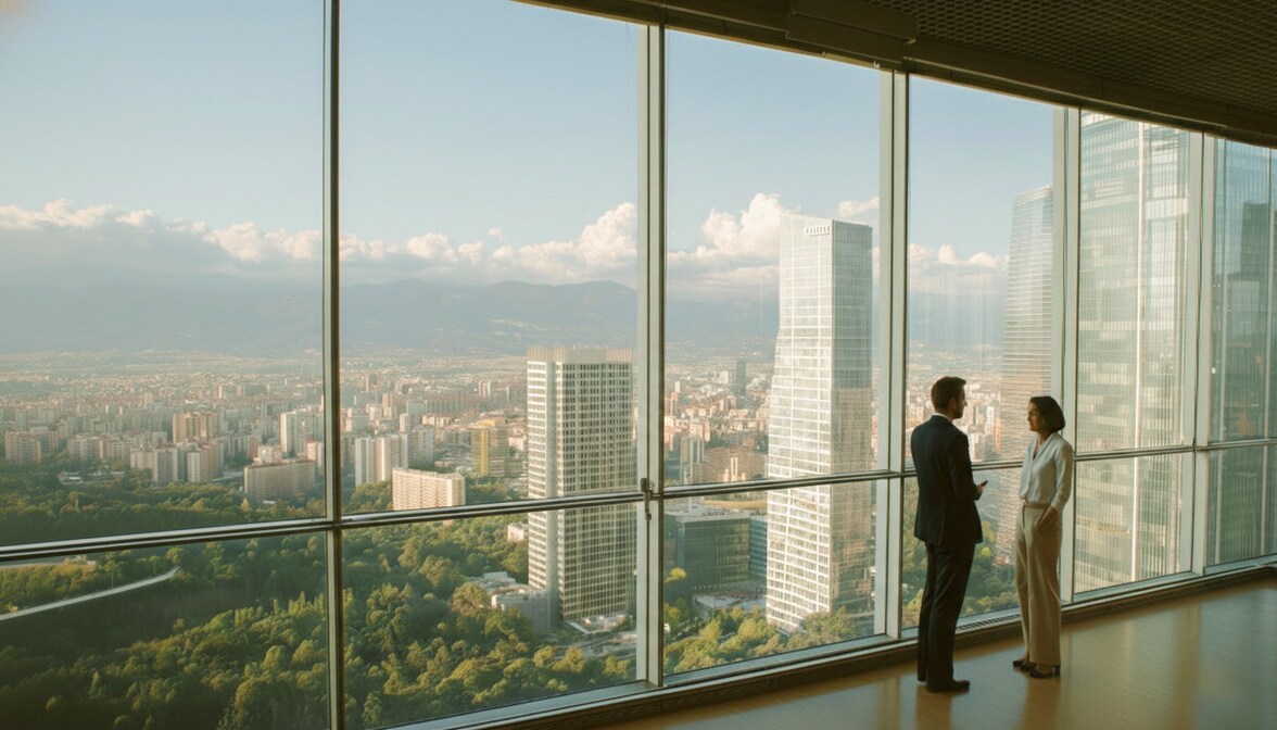 dos personas hablando con edificio detrás