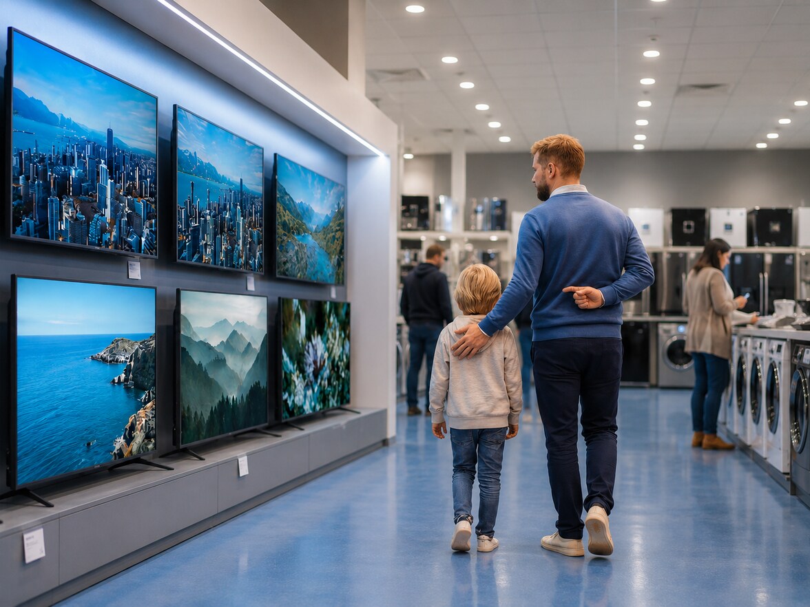Padre con un hijo mirando tvs 